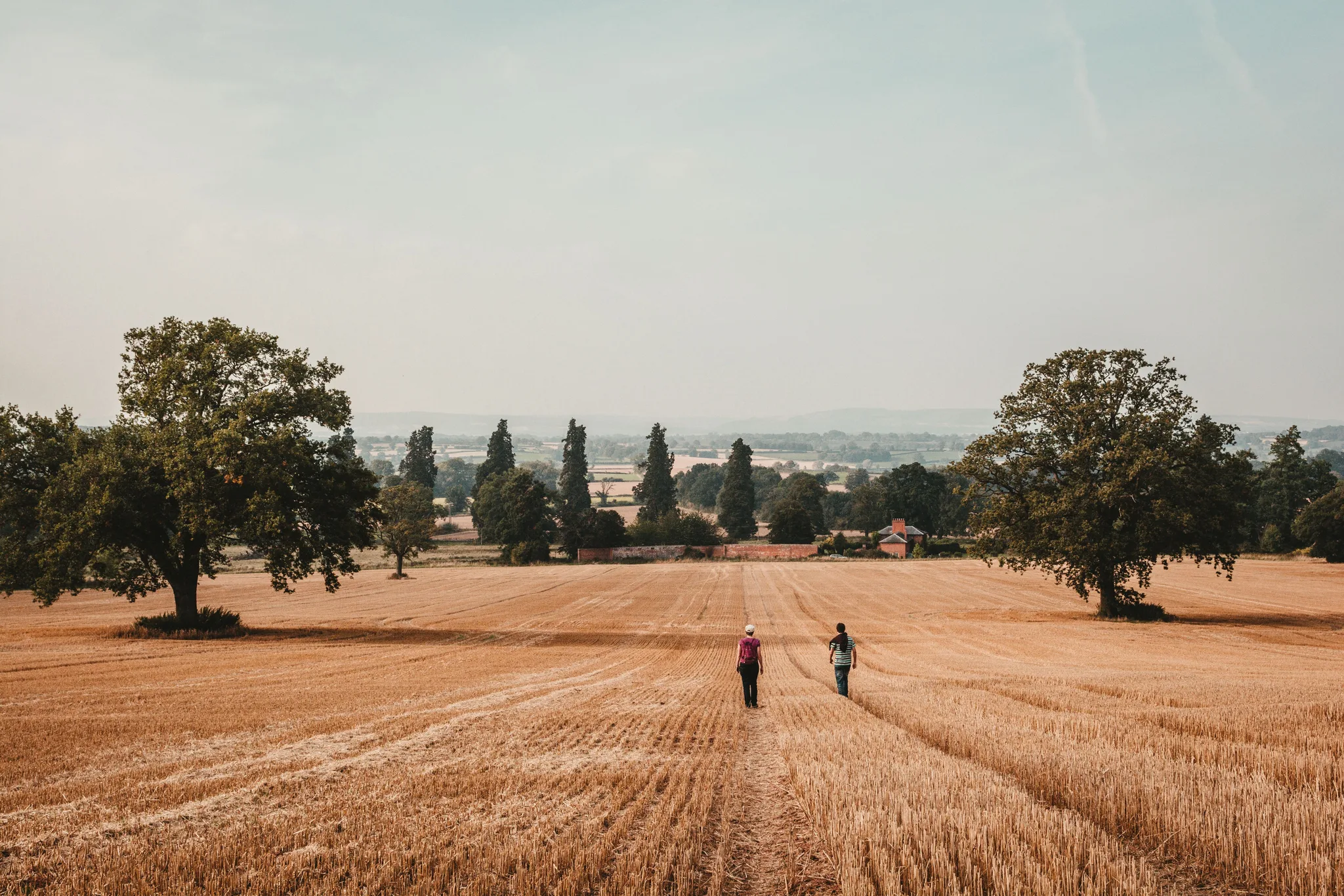 Two people walking a path through a harvested field towards trees and a farmhouse