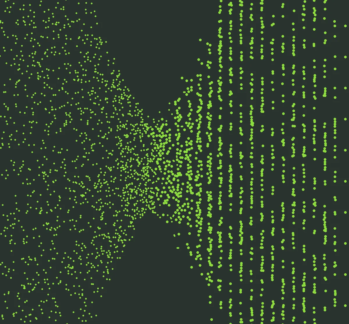Green dots in vertical columns on a dark ground, thinning and gathering like a stream of sequence data