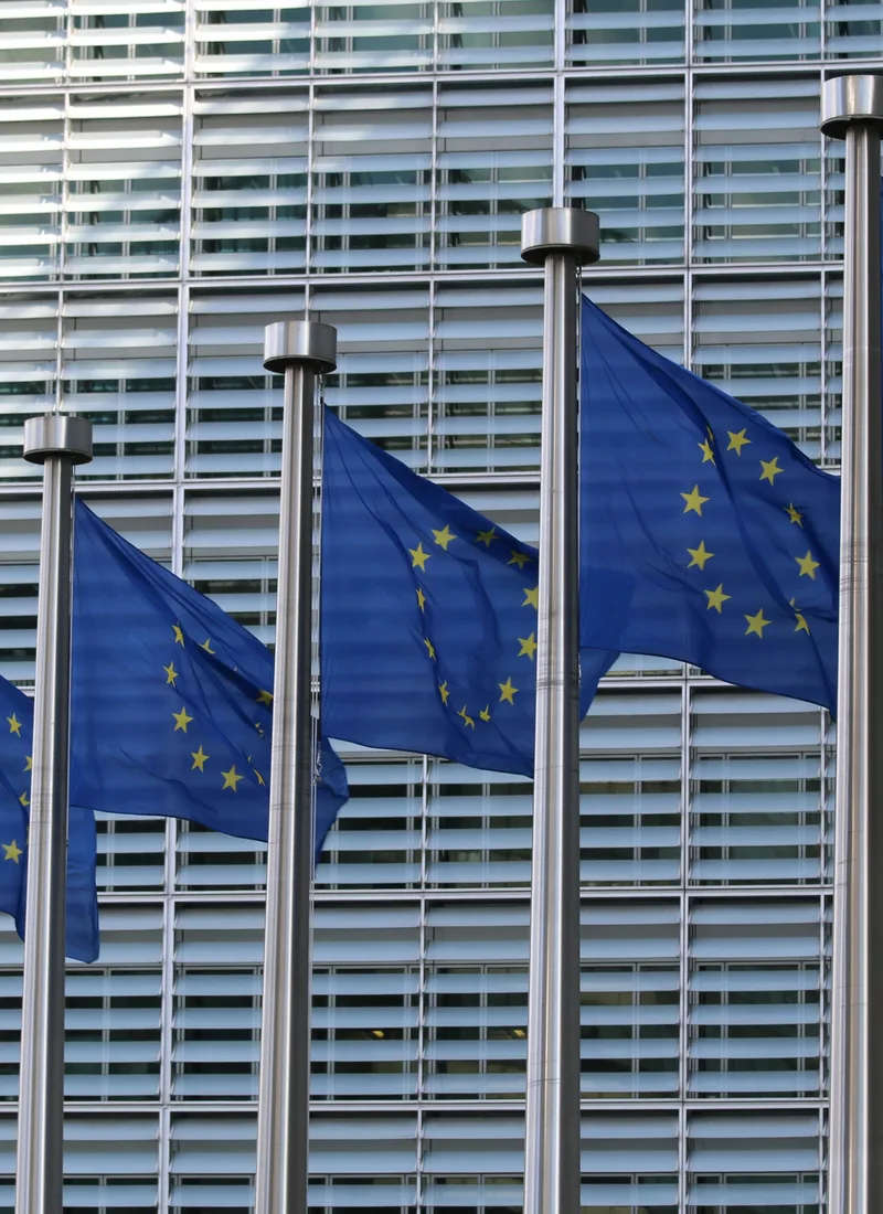 European Union flags on tall poles in front of the glass facade of an EU institution building.